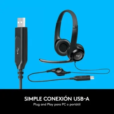 Logitech H390 Auriculares con Micrófono para PC, USB Negros