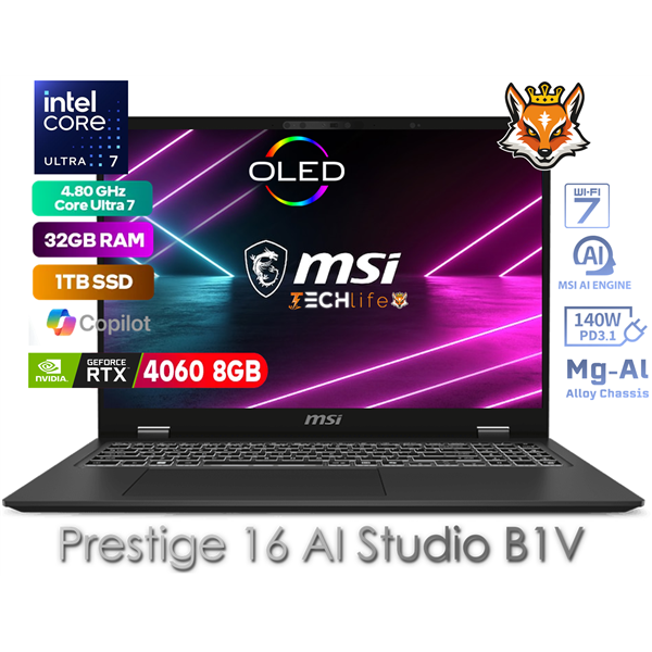 MSI Prestige 16 AI Studio B1VFG-081ES Intel Core Ultra 7-155H 32GB 1TB SSD RTX4060 16" QHD+W11