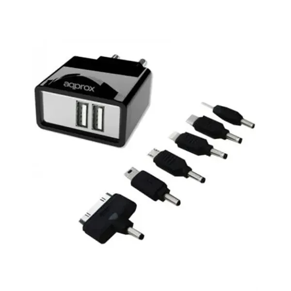 Cargador De Pared Approx Para Red Domestica Dos Usb 5v 2.1a Color Negro Incorpora 7 Tips - Oferta_moving