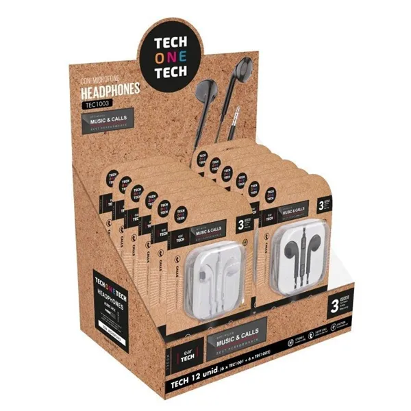 Expositor de Auriculares Tech One Tech EarTECH TEC1003 / con Micrófono/ Jack 3.5/ Incluye 6 Auriculares Blancos y 6 Auriculares