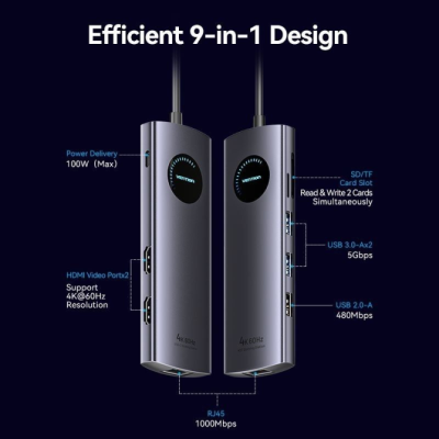 Docking USB Tipo-C Vention TQVHB/ 2xHDMI/ 3xUSB/ 1xRJ45/