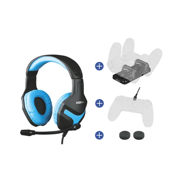 Pack Gamer Konix Ps4 Headset Gaming + Base De Carga Dual + Cable De Carga + Grips + Funda Kx-gpk-p4