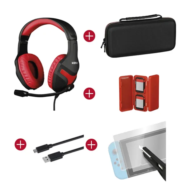 Pack Gamer Konix Switch Headset Gaming + Funda + Caja Para 4 Cartuchos + Cable 1.8m + Protector Kx-gpk-ns