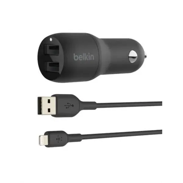 Cargador De Coche Belkin Ccd001bt1mbk Doble Usb-a 24w + Cable Usb A Lightning 1m Negro