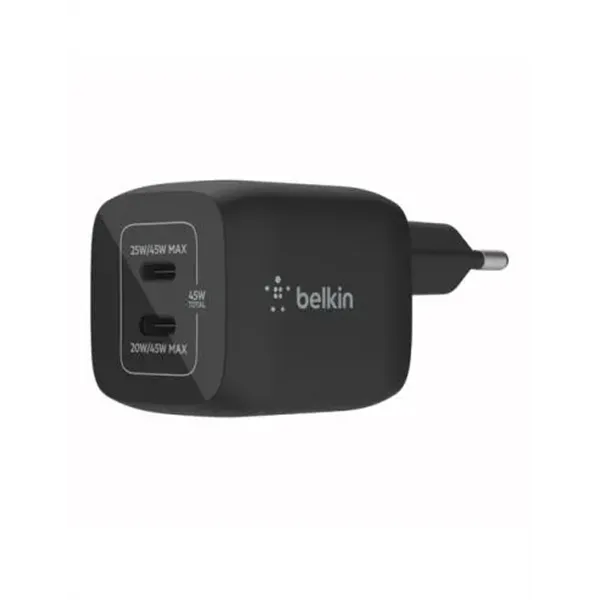 Cargador De Pared Belkin Wch011vfbk Doble Usb-c Gan Boost Charge Pro 45w (25w+20w) Negro