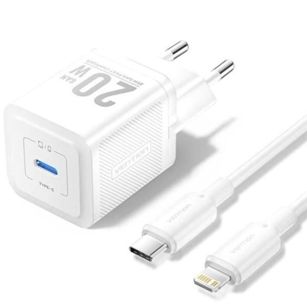 Cargador Gan de Pared Vention TZ-FEPW0-EU-02/ 1xUSB Tipo-C + Cable Lightning/ 20W