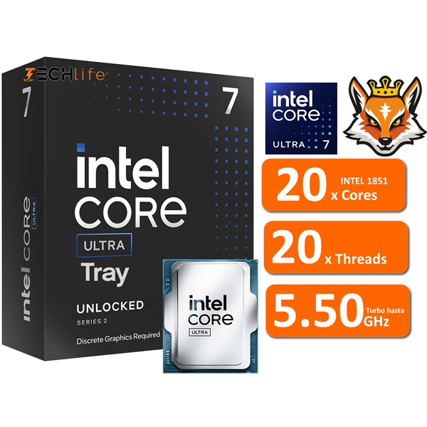 Intel Core Ultra 7 265KF con IA de 20x Cores hasta 3.9/5.5GHz (Ver.Tray)