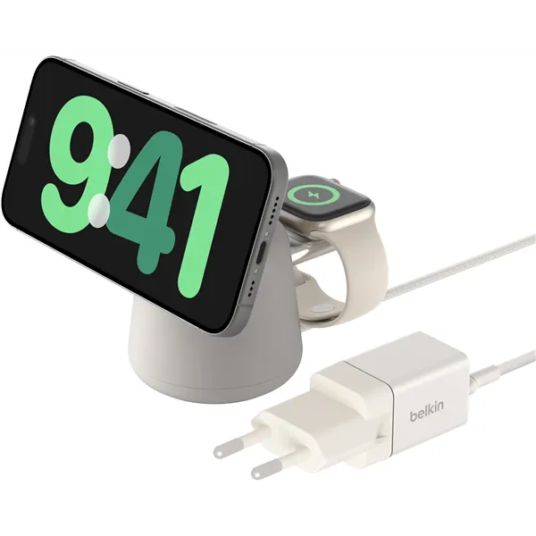 Belkin BoostCharge Pro Sand - Estación de carga inalámbrica 2 en 1 con MagSafe de 15W AirPods/iPhone/Watch