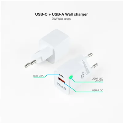 Cargador de Pared TooQ TQWC-QCPD20WT/ 1xUSB-Tipo C/ 1x USB/