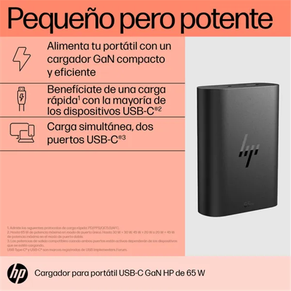 Cargador de Portátil GaN HP AC Adapter USB-C/ 65W/ Automático/ Voltaje 20V