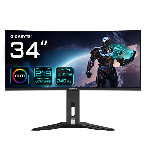 GIGABYTE Monitor de juegos curvo OLED WQHD MO34WQC2 de 34" - 3440 x 1440, 240Hz, 0.03ms, KVM, 250 cd/m², FreeSync Premium Pro, D