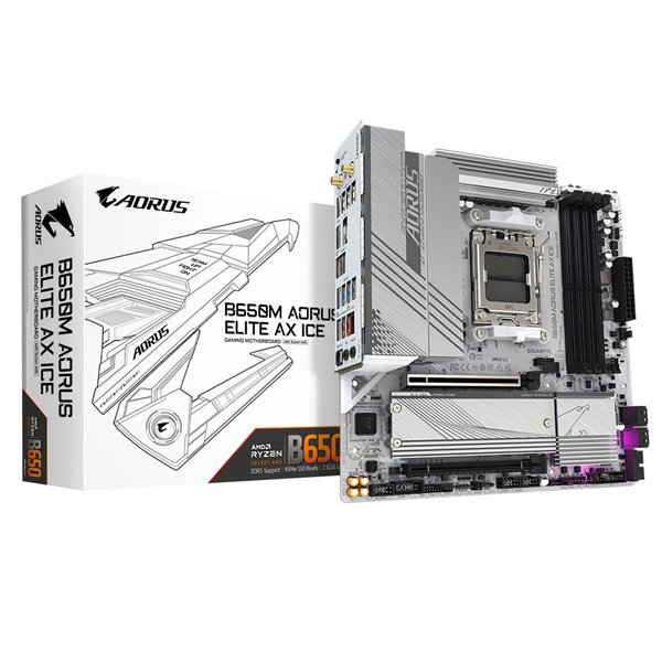 GIGABYTE B650M AORUS ELITE AX ICE Placa base - AMD Ryzen serie 9000, VRM de 12+2+2 fases, hasta 8000 MHz DDR5 (OC), 1xPCIe 5.0 +