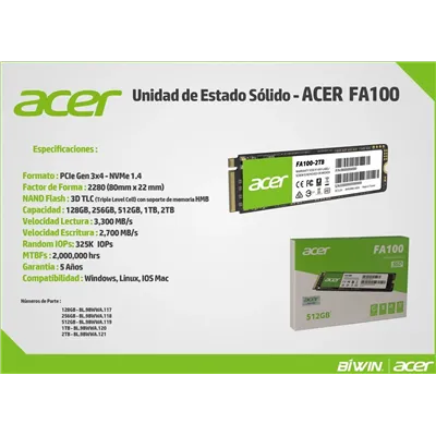 Acer FA100 SSD NVMe 512GB a 3200MB/s PCIe 3.0 M.2 2280