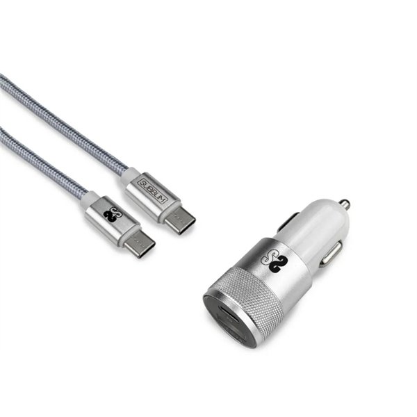 SUBBLIM Cargador Ultra Rapido Coche 2xUSB PD18W+QC3.0 + Cable C to C Silver