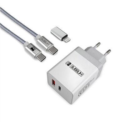 SUBBLIM CARGADOR ULTRA RAPIDO 2xUSB DE PARED PD25W+QC3.0+Cable