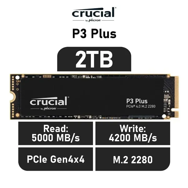 Crucial P3 Plus SSD 2TB NVMe a 5000MB/s PCIe 4.0 M.2 2280