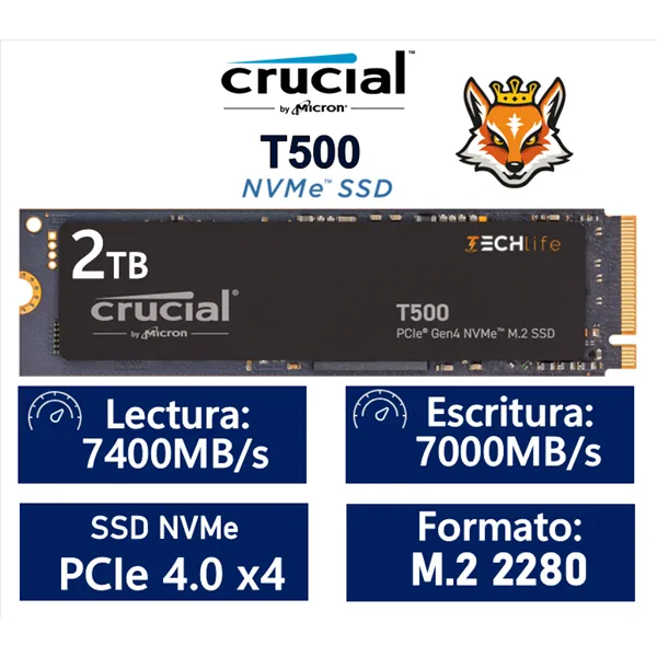 Crucial T500 SSD 2TB NVMe a 7400MB/s PCIe 4.0 M.2 2280