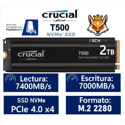 Crucial T500 SSD 2TB NVMe a 7400MB/s PCIe 4.0 con disipador de