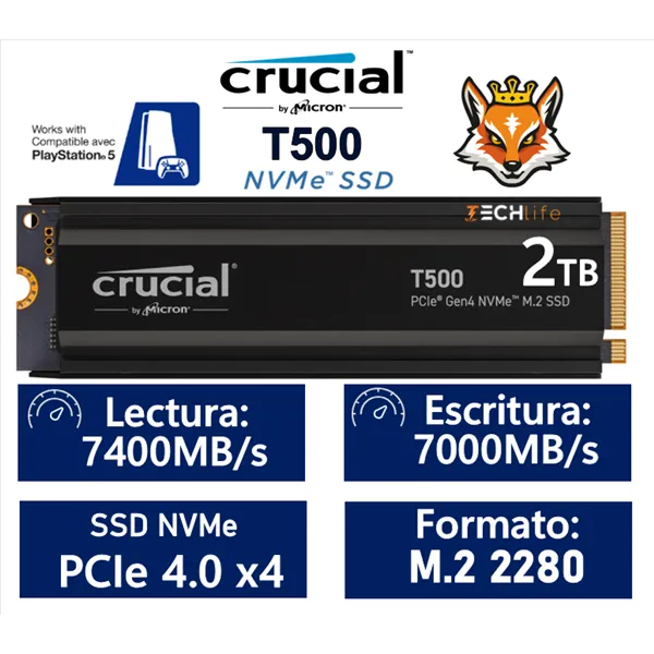 Crucial T500 SSD 2TB NVMe a 7400MB/s PCIe 4.0 con disipador de calor, (También para PS5)