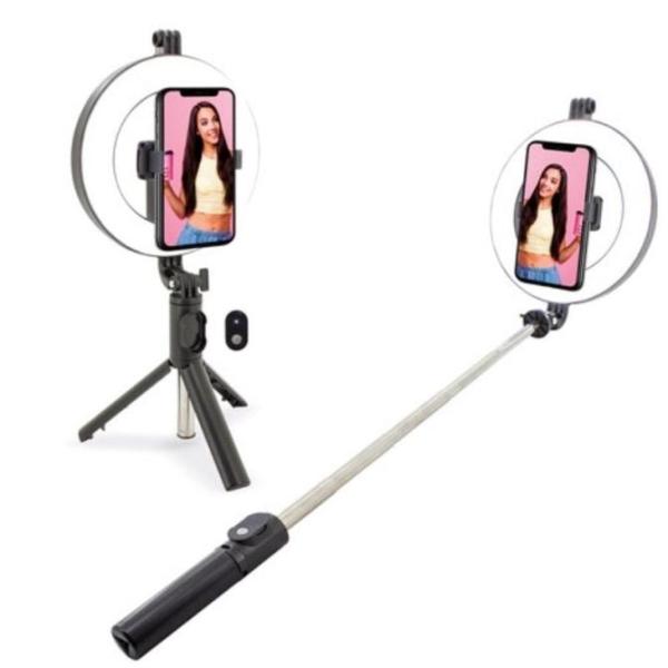 Aro de Luz Hispanica HE B-388 Influencer Travel/ Función Trípode y Selfie Stick/ Incluye Adaptador Cámara Acción