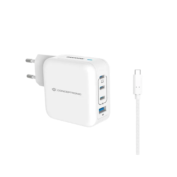 Cargador De Pared Conceptronic Usb-c X3 Usb-ax1 Quickcharge 3.0 Gan Pps 100w Incluye Cable Blanco