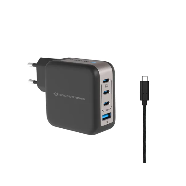 Cargador De Pared Conceptronic Usb-c X3 Usb-ax1 Quickcharge 3.0 Gan Pps 100w Incluye Cable Negro