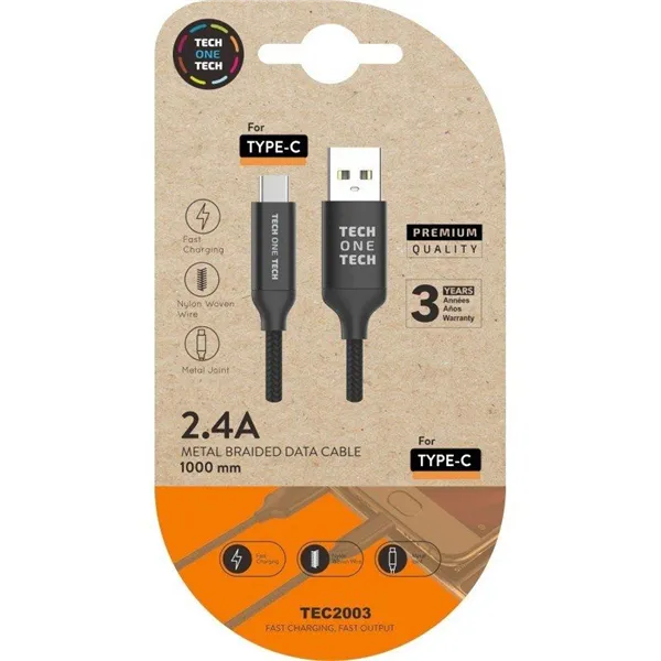 Cable USB 2.0 Tipo-C Tech One Tech TEC2003/ USB Tipo-C Macho - USB Macho/ 1m/ Negro