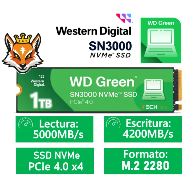 WD SSD Green SN3000 1TB NVMe a 5000MB/s PCIe 4.0 M.2 2280