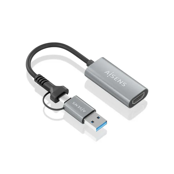 AISENS Conversor Aluminio USB-A+USB-C A HDMI 1080P@60Hz, USB-A/M+USB-C/M-HDMI/H, Gris, 15cm