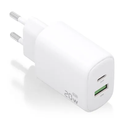 AISENS Cargador GaN 20W, 1xUSB-C PD3.0, 1xUSB-A QC3.0, Blanco