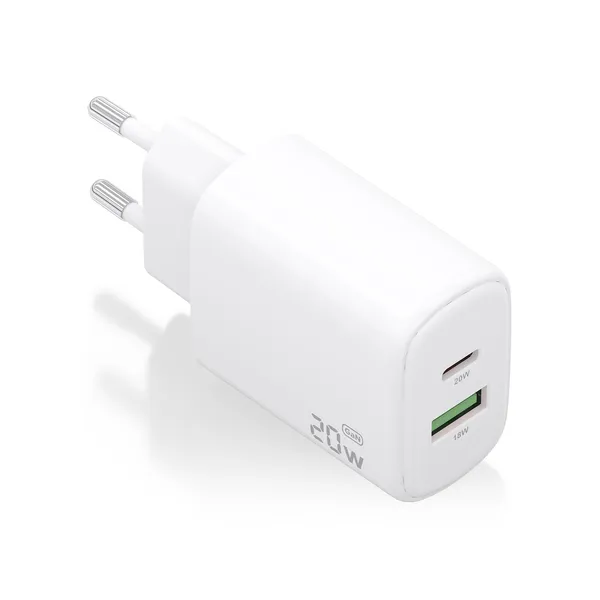 AISENS Cargador GaN 20W, 1xUSB-C PD3.0, 1xUSB-A QC3.0, Blanco