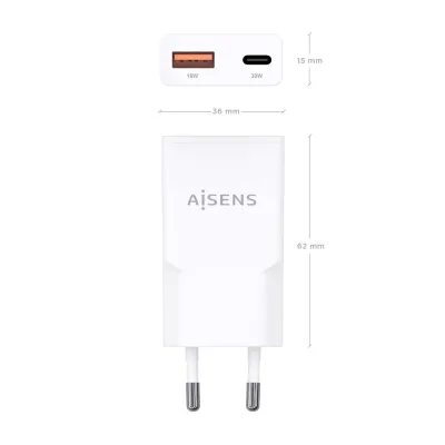 AISENS ASCH-30W2P046-W Cargador GaN Doble x2 USB-C + USB-A 30W