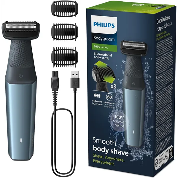 Philips Afeitadora Corporal Masculina, Bodygroom Serie 3000, Impermeable, con 3 Peines-guía, 60 min BG3027/03