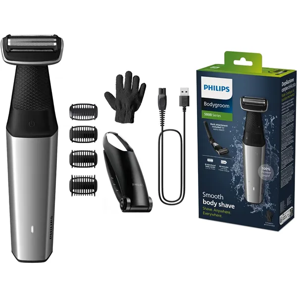 Philips Afeitadora Corporal Masculina, Bodygroom Serie 5000 BG5021, con Adaptador para Espalda, Impermeable, con 4 Peines-guí