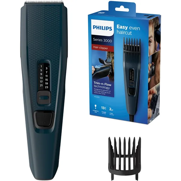 Philips Hairclipper Cortapelos Series 3000 - 13 longitudes, Uso con cable, 2 cabezales pelo y barba, Negro